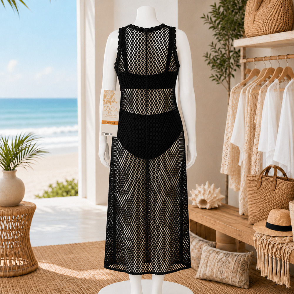 NWT BECCA Castaway Island Crochet Mesh Cover Up Dress Black 2X $128 - Picture 3 of 7